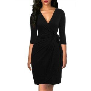 Berydress Womens Black Wrap V-Neck 3/4 Sleeve Ruched Knee-Length Dress Career